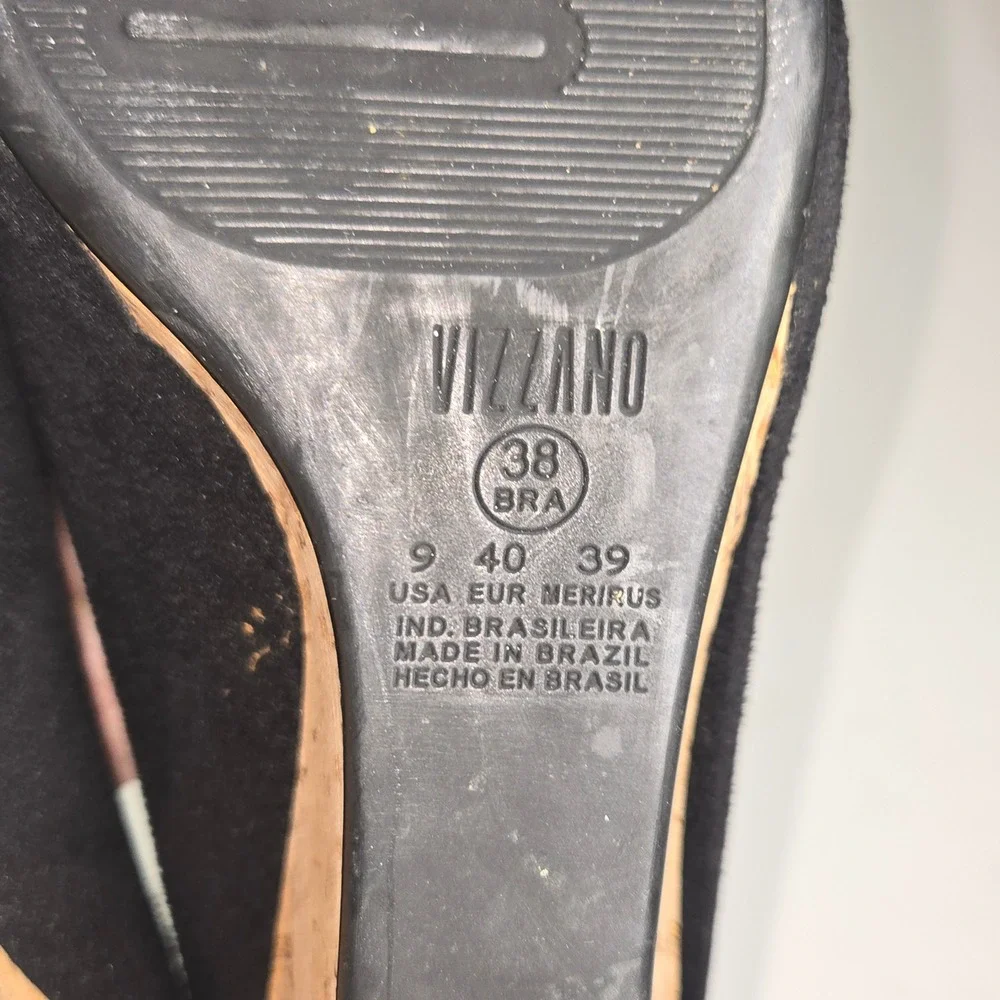 Vizzano Black Suede Peep Toe Wedge Heels Cork Platform Women Size 9 EUR 40